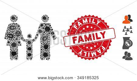 Contagion Mosaic Family Child Icon And Rounded Distressed Stamp Seal With Family Caption. Mosaic Vec