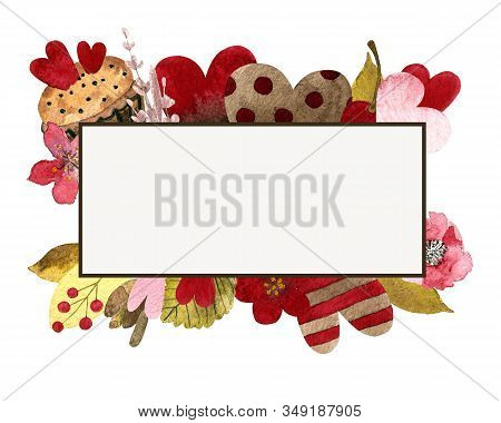 Hand Draw Template With Hearts, Flowers, Leaves, Capcake. Postcard For Valentines Day With Watercolo