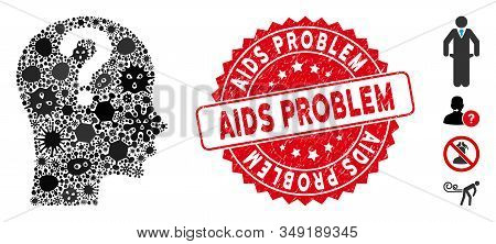 Epidemic Mosaic Problem Icon And Round Corroded Stamp Seal With Aids Problem Caption. Mosaic Vector 