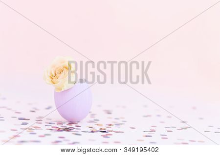 Purple Easter Eggshell With Yellow,orange,beige Pastel Small Rose On Pink Background, Multicolor Con