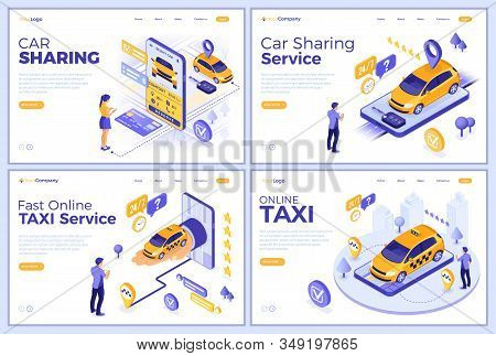 Car Sharing And Online Taxi Landing Page Templates. Man And Girl Online Choose Car For Carsharing Or