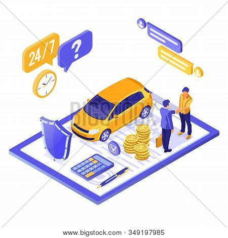 Car Insurance Isometric Concept For Poster, Web Site, Advertising With Car Insurance Policy, Calcula