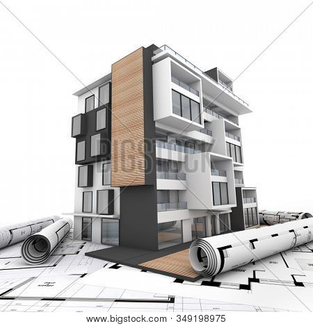 3D rendering of a modern appartment building with garden and blueprints on the background