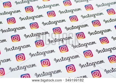 Instagram Pattern Printed On Paper With Small Instagram Logos And Inscriptions. Instagram Is America