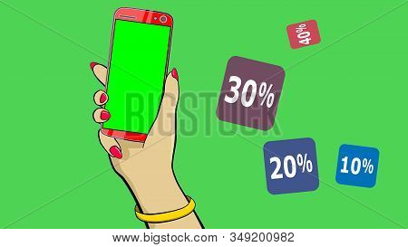 Holding A Touch Screen Device. Cartoon Animation. Hand Holds Smartphone. Throws Back Percent Icons T