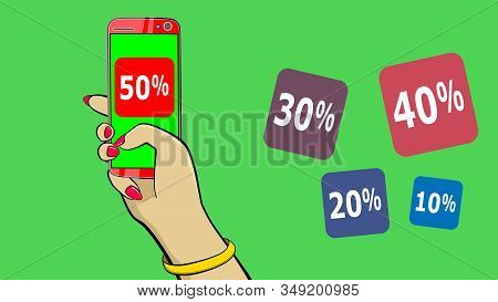 Holding A Touch Screen Device. Cartoon Animation. Hand Holds Smartphone. Throws Back Percent Icons T