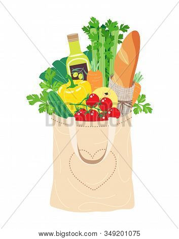 Simple Ecobag With Natural Food Isolated On White. Textile Eco-friendly Reusable Shopping Bag Filled