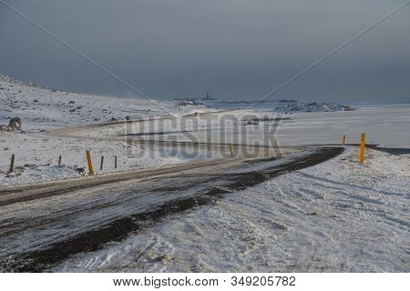 The Road Towards Hvalnes Lighthouse In South Iceland On A Winter Day