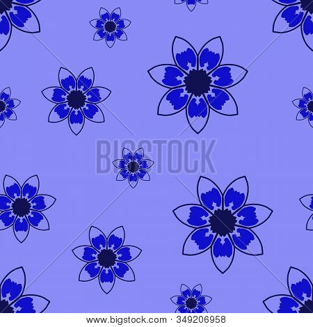 Seamless Repeat Pattern With Blue Flowers On Lilac Background. Drawn Fabric, Gift Wrap, Wall Art Des