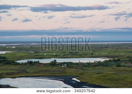 View Over The Landscape Surrounding Kirkjubaejarklaustur In South Iceland On A Sunny Summer Evening