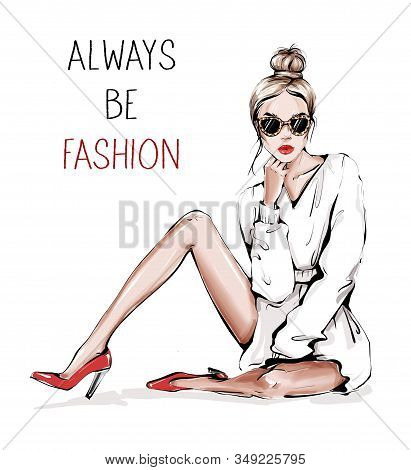 Hand Drawn Beautiful Young Woman In Sunglasses With Leopard Print. Fashion Woman. Girl With Bun Hair