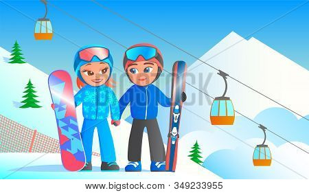 Ski Winter Resort. A Boy And A Girl Are Standing On Top In Full Gear, Snowboard, Skis, Helmets And M