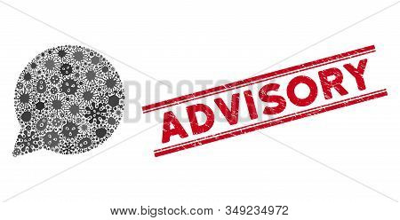 Infectious Collage Hint Balloon Icon And Red Advisory Seal Stamp Between Double Parallel Lines. Mosa