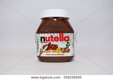 Orlando, Fl/usa-2/3/20: A Jar Of Nutella  Hazelnut Spread With Cocoa Isolated On A White Background.