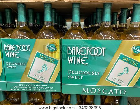 Orlando, Fl/usa-2/4/20: Cases Of Bottles Of Moscato Barefoot Wine Is Manufactured In California By B