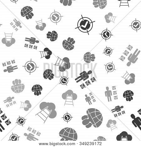 Set Target And Check Mark, Globe And People, User Of Man In Business Suit And Ladder Leading To Clou