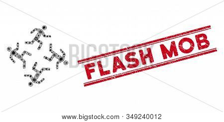 Pandemic Mosaic Running Men Icon And Red Flash Mob Seal Between Double Parallel Lines. Mosaic Vector