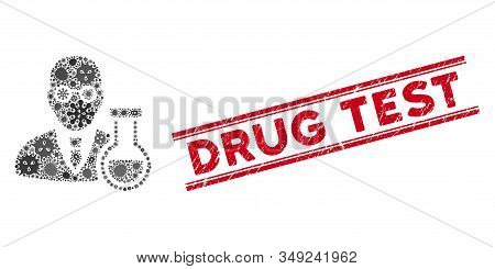 Viral Mosaic Chemist Icon And Red Drug Test Watermark Between Double Parallel Lines. Mosaic Vector I
