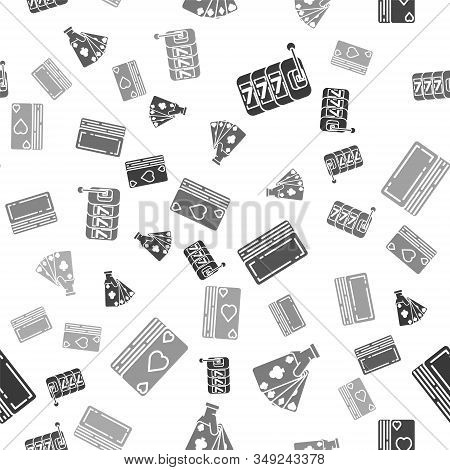 Set Slot Machine With Lucky Sevens Jackpot, Hand Holding Playing Cards, Deck Of Playing Cards And De