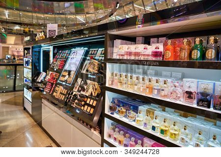 BERLIN, GERMANY - CIRCA SEPTEMBER, 2019: assorted cosmetics on display at Galeries Lafayette in Berlin.