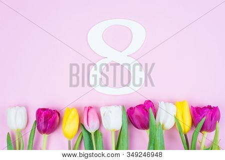 Happy 8-march Concept. Top Above High Angle View Photo Of Beautiful Card With Congratulations Multic