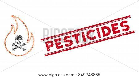 Epidemic Collage Toxic Fire Icon And Red Pesticides Seal Stamp Between Double Parallel Lines. Mosaic