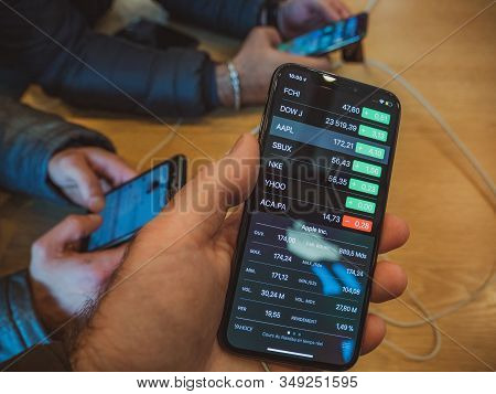 Paris, France - Nov 3, 2017: Man Hand Holding Inside Apple Store The Latest Professional Iphone X Sm