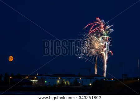 Fireworks In The Sky Above Town Of Selfoss In South Iceland