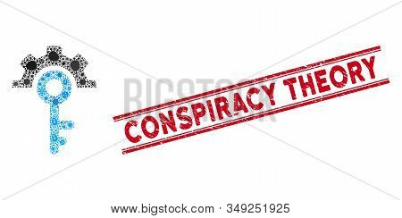 Contagion Collage Key Options Icon And Red Conspiracy Theory Seal Stamp Between Double Parallel Line