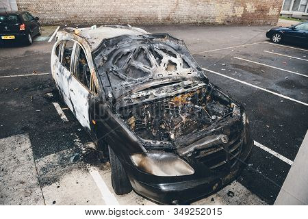 Strasbourg, France - Jan 1, 2020: Above View Of Burnt Car By Vandals In Strasbourg, France During Th