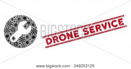 Infection Mosaic Wrench Icon And Red Drone Service Rubber Print Between Double Parallel Lines. Mosai