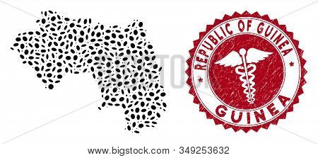 Vector Collage Republic Of Guinea Map And Red Round Grunge Stamp Seal With Medical Sign. Republic Of
