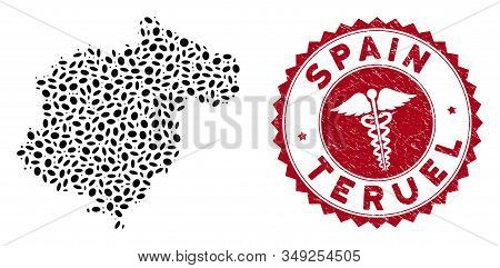 Vector Collage Teruel Province Map And Red Round Rubber Stamp Watermark With Medicine Sign. Teruel P