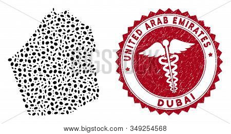 Vector Collage Dubai Emirate Map And Red Rounded Rubber Stamp Watermark With Health Care Symbol. Dub