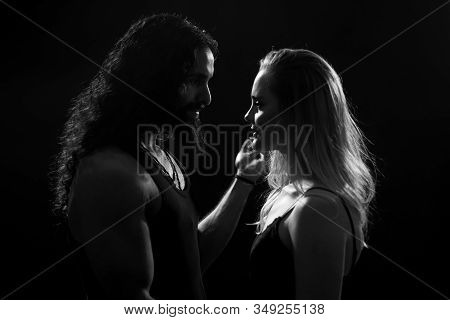 Sensual Elegant Couple In The Tender Passion. Handsome Man Touching Womans Face. Romantic Couple Sta