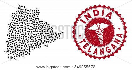 Vector Collage Telangana State Map And Red Rounded Grunge Stamp Watermark With Caduceus Symbol. Tela