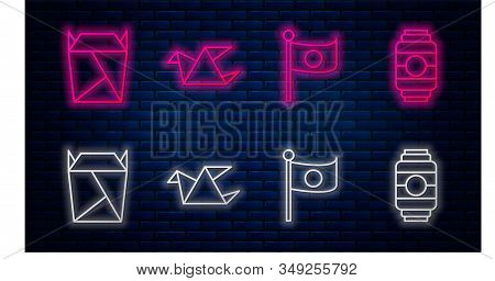 Set Line Origami Bird, National Flag Of Japan On Pole, Rstaurant Opened Take Out Box Filled And Japa