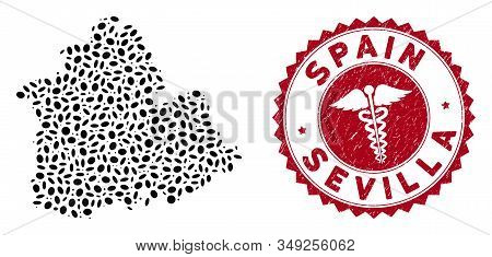 Vector Mosaic Sevilla Province Map And Red Rounded Distressed Stamp Seal With Medical Symbol. Sevill