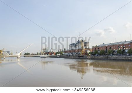 Puerto Madero, Buenos Aires Argentina. View Of The South Dock, Whith The Puente De La Mujer Bridge A