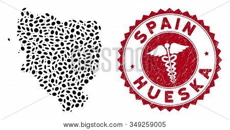 Vector Mosaic Hueska Province Map And Red Rounded Grunge Stamp Watermark With Medic Symbol. Hueska P