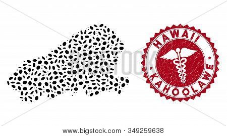 Vector Mosaic Kahoolawe Island Map And Red Rounded Rubber Stamp Seal With Clinic Sign. Kahoolawe Isl