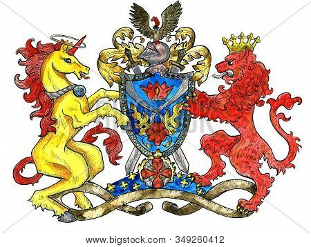 Heraldic Emblem With Unicorn And Lion Beast Isolated On White. Colorful Engraved Illustration With M