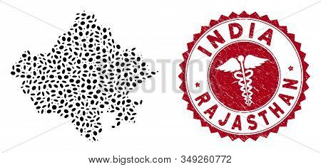 Vector Mosaic Rajasthan State Map And Red Rounded Distressed Stamp Seal With Caduceus Icon. Rajastha
