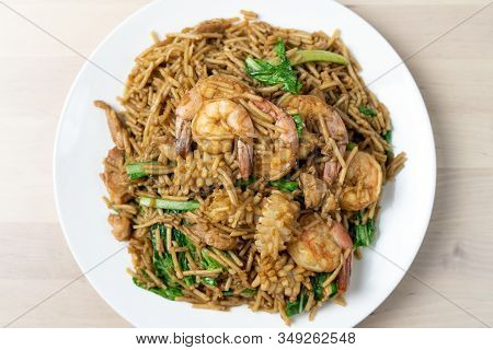 Top View Of Pan Fried Noodles With Seafood, Foochow Chinese Style