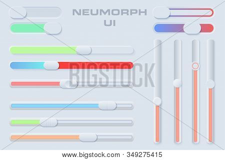 Neumorphic Ui Slider Set. Light Color Workflow Graphic Elements In Skeuomorph Trend Design. Line Sli