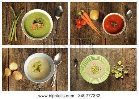 Collage of four different soups as leek, asparagus, potato and vegetables