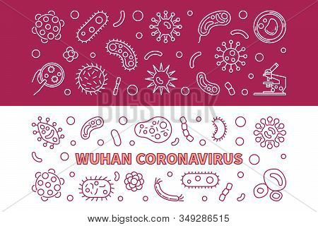 Vector Wuhan Coronavirus Concept Thin Line Horizontal Banners Set