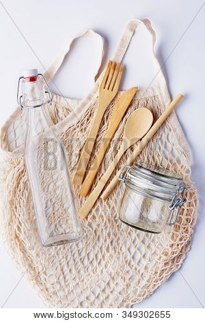 Zero Waste, Plastic-free And Eco-friendly Lifestyle. Cotton Mesh Bag, Glass Bottle, Jar And Bamboo C
