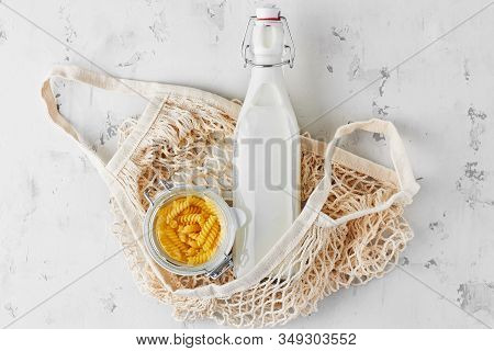 Zero Waste, Plastic-free And Eco-friendly Lifestyle. Cotton Mesh Bag, Glass Bottle And Jar For Packa
