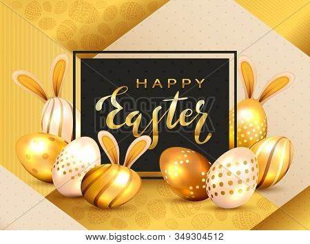 Golden Lettering Happy Easter On Black Card And Easter Eggs With Luxury Elements And Rabbit Ears On 